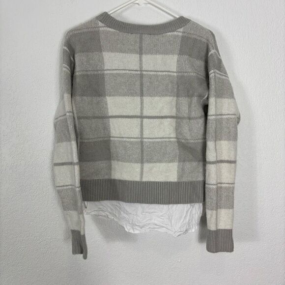 Anthropologie Grey and White Plaid Fleece Sweater w/ White Button Up Under - Picture 2 of 5